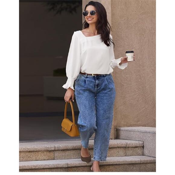 EVALESS Blouses for Women Dressy Casual Pleated Long Sleeve Tops Asymmetrical (M - Picture 3 of 5